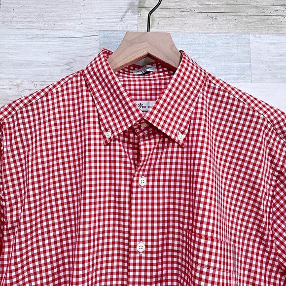 Peter Millar Stretch Twill Sport Shirt Red White Gingham Cotton Mens Large - Picture 2 of 5